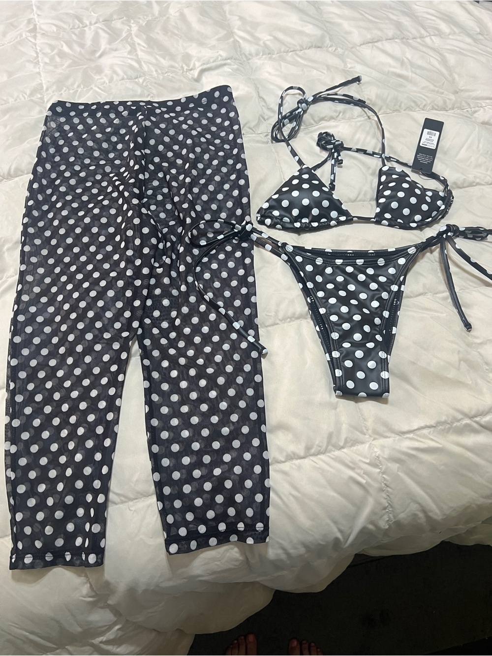 Fashion Nova Black & White Polka Dot Bikini Set with Matching Cover Pants